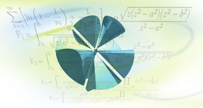 MathWorlds bakgrund - matematiska formler och former som svävar över en gröngul yta.